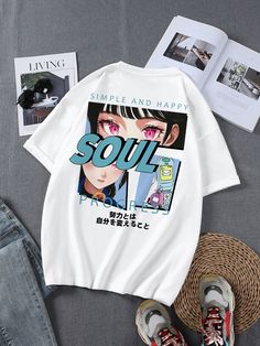 Blanco Casual Collar manga corta Tela Figuras,Letras  Embellished Elástico Ligero Verano Tops para Hombre Figure Graphic Tee, Japanese Letter, Streetwear Tshirt Design, Japanese Shirt, Tshirt Printing Design, Graphic Tshirt Design, Shirt Print Design