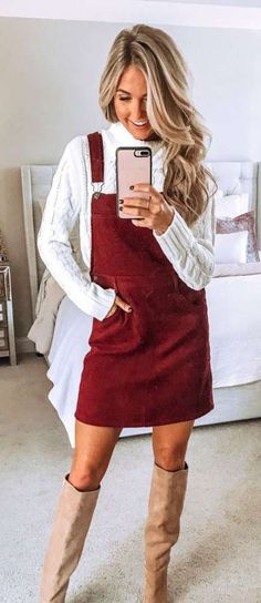 How To Wear Overalls In Winter Skirts 20+ Ideas For 2019 Brunch Outfit Winter Dressy, Brunch Outfits Fall, Brunch Outfit Winter, Casual Denim Shirt, Perfect Winter Outfit, Overall Skirt, Perfect Fall Outfit, Red Denim, Outfit Winter