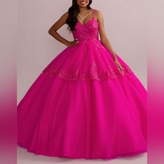 Mesmerize Your Guests In This Vibrant Quinceanera Gown, Featuring Sparkly Sequin-Trimmed Appliques And A Six-Layer Tulle Skirt. The Matching Bolero Adds A Pretty Layer And Can Be Easily Removed For Pictures Or Dancing! - Size: Juniors 8 - Color: Begonia - Nylon - Lace-Up Back; Fully Lined - Spot Clean Olive Green Bridesmaid Dresses, Hot Pink Weddings, Davids Bridal Bridesmaid Dresses, Beaded Formal Dress, Bridesmaid Dresses Strapless, Layered Tulle Skirt, Lace Bridesmaids, Bridal Bridesmaid Dresses, Bridal Shower Dress