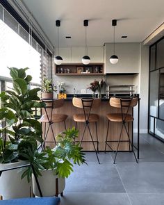 an open kitchen and living room with plants in the foreground, along with bar stools