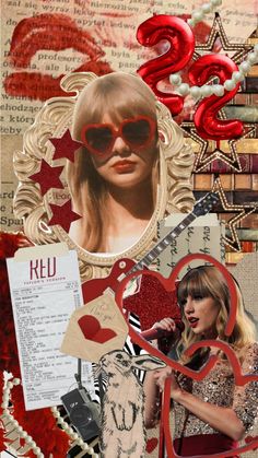 the collage is made up of many different images and words, including a woman with heart shaped glasses