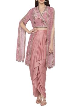 Sougat Paul, Indo Western Dresses For Women, Pink Cape, Indo Western Dress, Draped Skirt, Stylish Dresses For Girls, Pink Crop Top, Satin Color, Indo Western