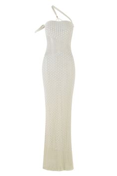 Details White maxi dress in crochet fabrication Featuring 3 different knit techniques - Garment is sheer in some parts Fitted silhouette 3 shoulder straps at neck with tortoise bead at back - Bead position can be adjusted for better fit Strapless neckline Featuring off the shoulder detail at wearer's right arm Pull-on construction - Slip into with ease Unlined - This style is semi sheer due to the nature of the fabric We recommend wearing no bra or pasties with this garment Due to sheer nature, White Vacation Dress, White Holiday Dress, Knit Techniques, America Dress, White Women Dresses, White Knit Dress, Elegant Dresses Classy, White Maxi Dress, Strapless Neckline