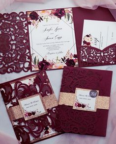 the wedding stationery is red and gold