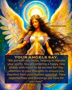 an angel with the words, your angels say we are with you today, helping to elevate your spirits