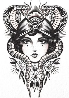 a drawing of a woman's face with an ornate headdress on it