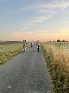 three people riding bikes down a road in the middle of a grassy field at sunset