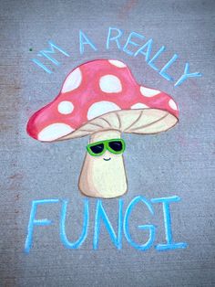 a chalk drawing of a mushroom with sunglasses and the words i'm a really fun