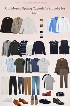 Old Money Spring Capsule Wardrobe for Men Stately Mens Outfits, Guys Clothing Styles Old Money, Casual Fall Mens Outfits, How To Dress Old Money Men, Man Old Money Outfit, Men Old Money Clothes, Old Money Men Outfit Casual