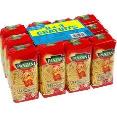 six packages of pasta are stacked on top of each other