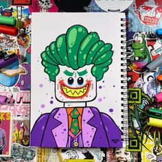 a drawing of a joker with green hair and clown makeup on it's face