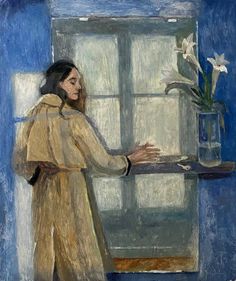 a painting of a woman standing in front of a window holding a vase with flowers