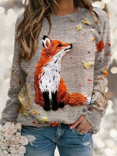 Women'S Casual Fox Printed Long Sleeve Sweatshirt Fox Autumn, Sweaters Design, Pattern Sleeve, Autumn Art Print, Art Fox, Fox Sweater, Autumn Sweater, Mode Tips, Plus Size Pullover