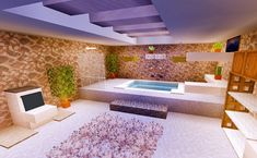 a bathroom with a jacuzzi tub and tiled walls