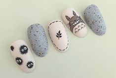 Acrylic Nails Ideas Cottagecore, Nail Art Designs Studio Ghibli, Cute Nail Designs Animals, Gibli Studio Nail Art, Ghibli Nails Acrylic, Ghibli Studio Nails, Totoro Nails Studio Ghibli, Ghibli Nail Designs, Short Cartoon Nails