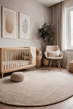 a baby's room with a crib, rocking chair and potted plant