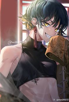 an anime character with green hair and piercings on his head, standing in front of a window