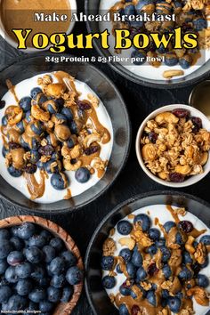 yogurt bowls with blueberries and granola in them are ready to be eaten