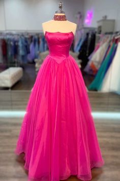 Hot Pink Strapless Ball Gown with Pockets Hot Pink Prom, Prom Dress With Pockets, Gown With Pockets, Hot Pink Prom Dress, Strapless Ball Gown, Petite Wedding Dress, Prom Dresses Long Pink, Bow Wedding Dress, Long Formal Gowns