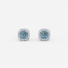 4.6 mm Cushion Cut Created Aquamarine and 1/5 ctw Round Lab Grown Diamond Shadow Halo Stud Earrings 14K White Gold Earrings Platinum, Halo Stud Earrings, Halo Earrings Studs, Custom Earrings, Shop Engagement Rings, Custom Bracelets, Custom Engagement Ring, Metal Design, Jewelry Rings Engagement