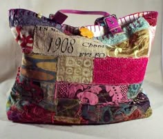 a multicolored patchwork tote bag is shown