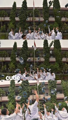 several images of graduates tossing their caps in the air and throwing them into the air