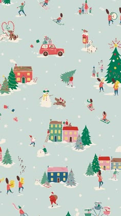 a blue christmas wallpaper with people skiing and snowboarding in the background, all dressed up