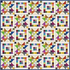 a quilt made with different colored blocks and squares on it's sides, including the center