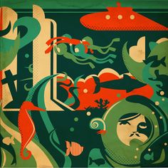 an abstract painting with different colors and shapes on the subject in this image, there is a woman's face surrounded by fish