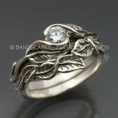 This is the two ring wedding set of our Delicate Leaf design. The engagement ring has two leaves wrapping a center Moissanite in a graceful manner. It Unique Bridal Jewelry, Jewellery Sale, Leaf Engagement Ring, Earring Organizer, Matching Wedding Bands, Jewellery Shop, Wedding Rings Unique, Themed Jewelry, Wedding Matches