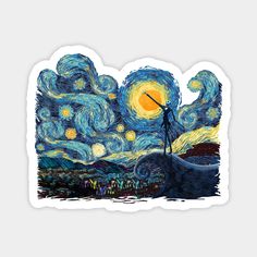 the starry night sticker has an image of a man with a telescope in his hand