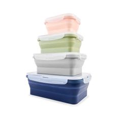 four different colored containers stacked on top of each other