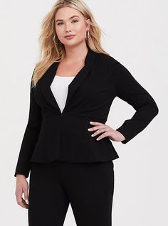 FIT Model is 5'11” wearing size 1. Measures 29” from shoulder (size 2). MATERIALS + CARE Luxe Ponte knit fabric: Our signature work (any) wear fabric with office-approved tailoring, WFH stretch and comfort, and curve-loving hold. Plus, it’s machine washable! Stretch level: Maximum. 68% rayon, 28% nylon, 4% spandex. Machine wash cold. Tumble dry low. Imported. DETAILS Shawl collar. Hook-and-eye closure. Peplum hem. Lined. The best plus size women's peplum blazer - luxe ponte black blazers in deep Work Blazer Outfit, How To Wear Blazers, Executive Coach, Blazer Plus Size, Blazer Pattern, Editorial Photoshoot, Workwear Essentials, Plus Size Blazer, Lace Blazer