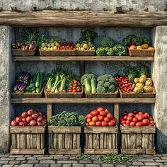 several wooden crates filled with lots of different types of fruits and vegtables