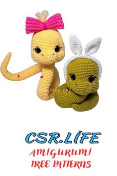 two crocheted stuffed animals sitting next to each other with the words csrl life