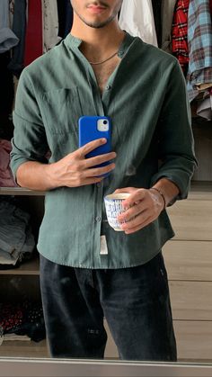 Aesthetic Greenhouse, Green Shirt Outfit, Coffee Selfie, Cool Tie Dye Designs, Green Shirt Outfits, Man Coffee, Light Clothes, Mens Puffer Vest, Green Shirts