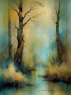 a painting of trees and water in the woods