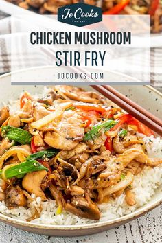 chicken mushroom stir fry in a bowl with chopsticks and rice on the side