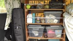 the inside of a van with various containers and items in it, including toiletries