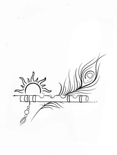 a black and white drawing of a peacock feather on a stick with the sun in the background