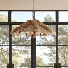 a chandelier hanging from the ceiling in front of large windows with trees outside