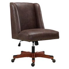 a brown leather office chair with casteors and wheels