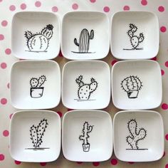 six square dishes with cactus designs on them