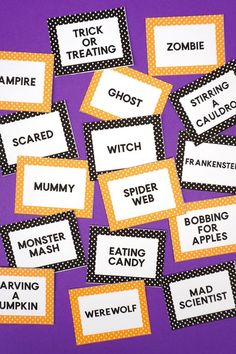 some sort of halloween word cards on a purple background with black and white polka dots