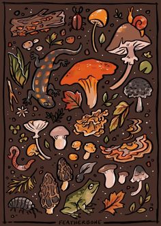 an illustration of mushrooms and other plants on a brown background with the words eat me