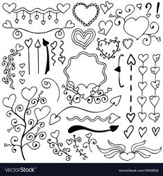 a set of hand drawn hearts and arrows