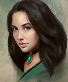 a digital painting of a woman with long black hair and green jewelry on her neck