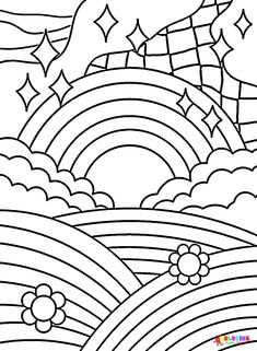 a black and white drawing of a rainbow in the sky with clouds, stars and flowers