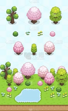 the game landscape with different trees and bushes