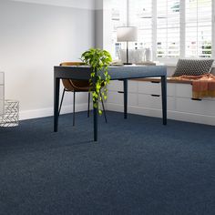 a blue carpeted room with a desk, chair and plant in the corner next to it